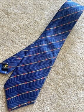 Faberge Navy Blue Silk Tie with Gold Stripe and Red Rosettes